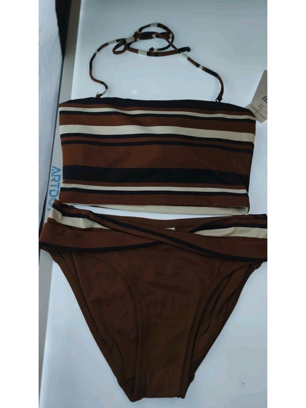 NWT Robin Piccone Bikini Set M Brown Stripe Bandeau Halter Top Wrap Bottom
